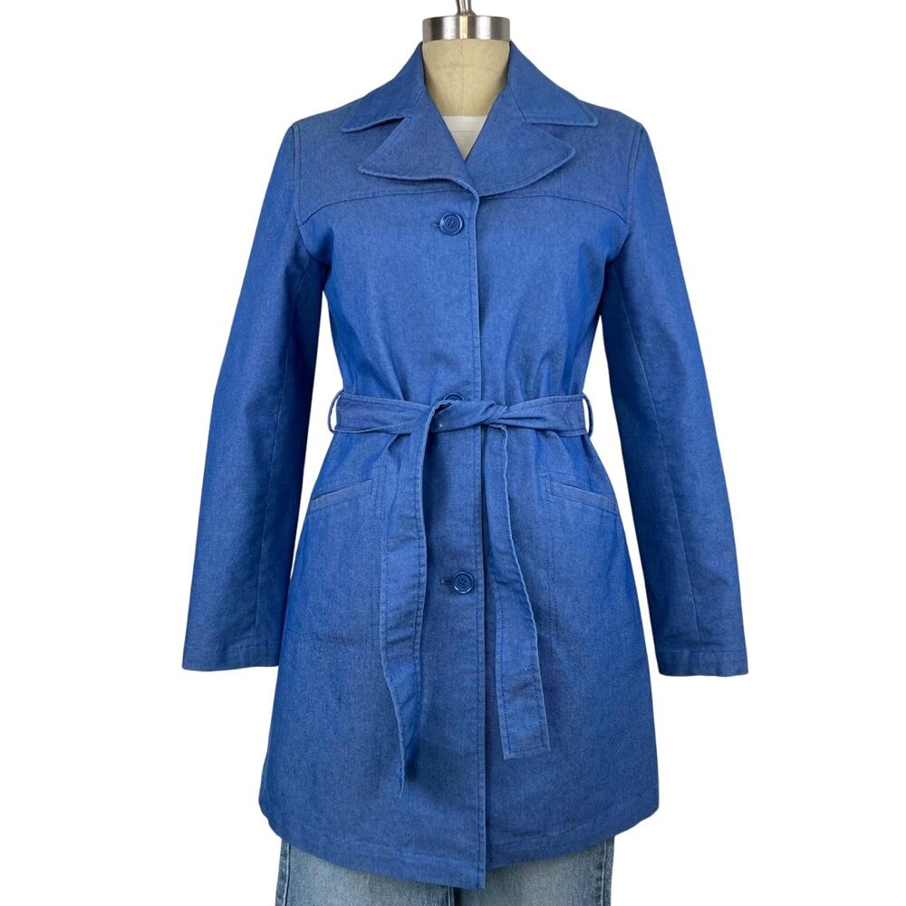 Vintage Y2K 90's Old Navy Blue Denim Button Up Trench Coat Jacket (Sz M)